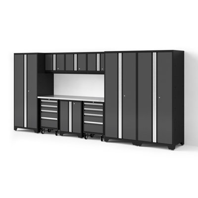 Bold XL Series Gray 10 Piece Garage Cabinets Set With Tool, Base, Wall Cabinets, Stainless Steel Worktop And 30 In. Lockers
