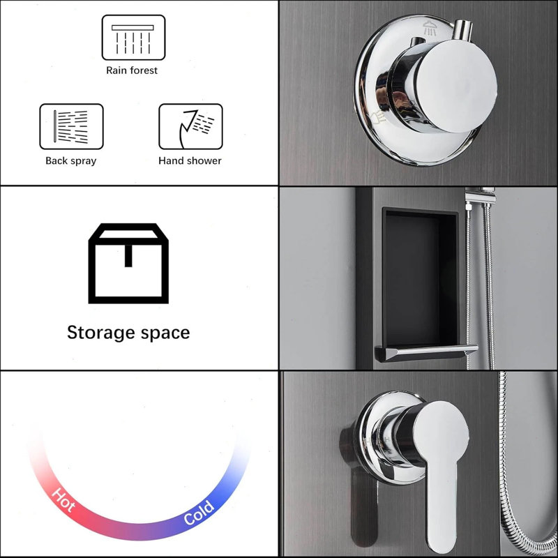 Black Stainless steel Shower Panel Column Tower Rainfall Massage Jets System Mixer Tap