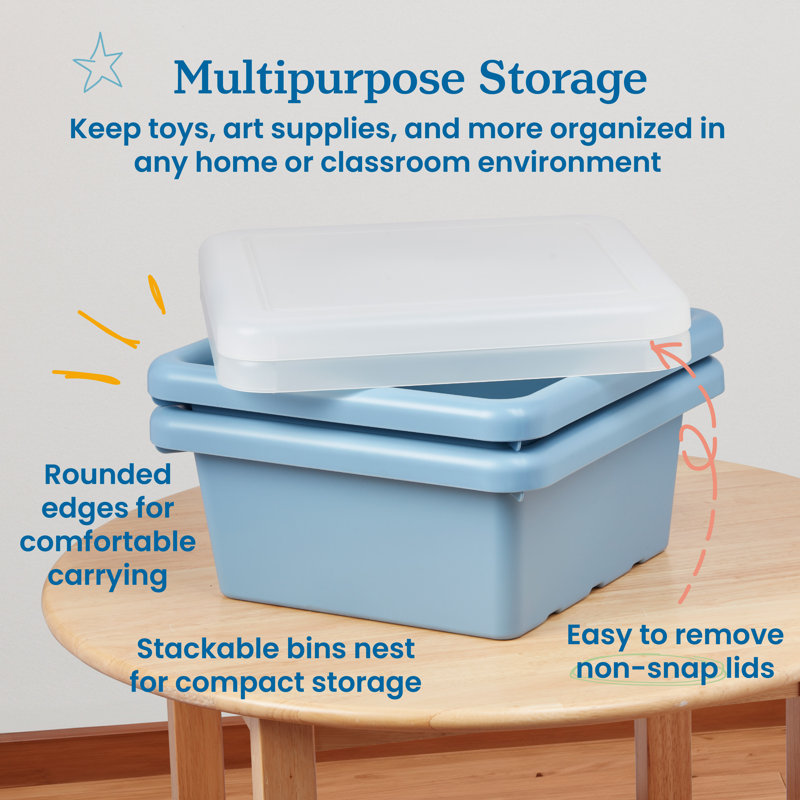 Powder Blue Plastic Lidded Storage Bins for Kids, 2-Pack