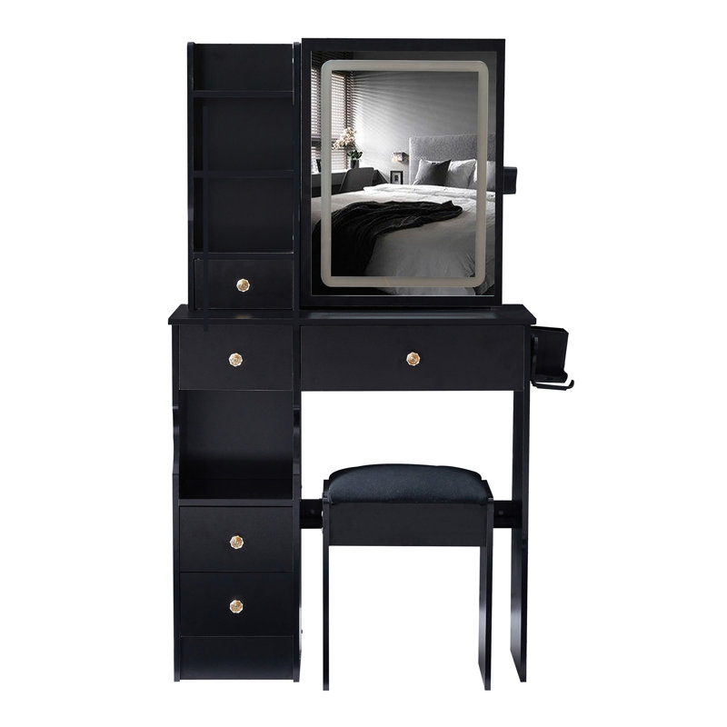 29.2" Small Size Left Drawer Desktop Vanity Table + Cushioned Stool, 2 AC+2 USB Power Station, Hair dryer bracket, Extra Large Touch Control Sliding LED Mirror, Tri-color Switching, Brightness Adjust