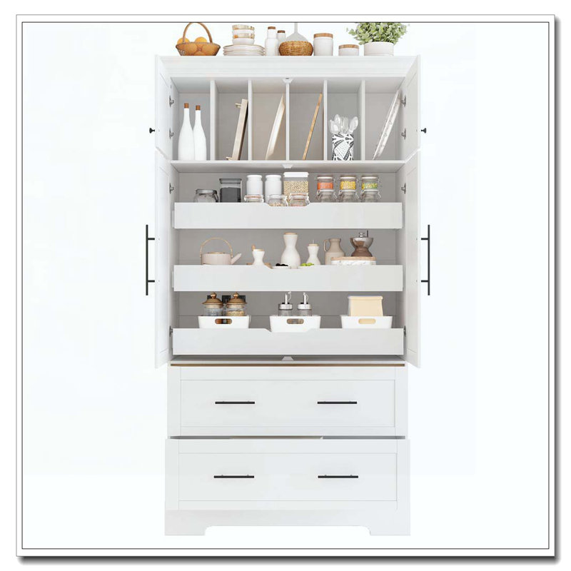 Armoire de rangement 72,6 po, 4 portes avec plateaux coulissants, tiroirs et rangement pour moule à gâteau, Blanc