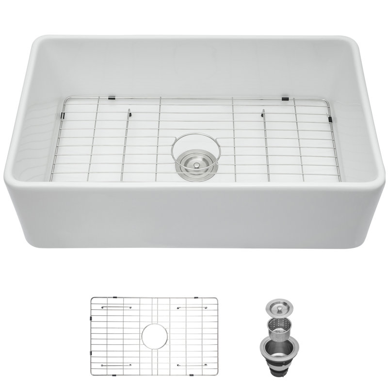 Évier en céramique de 33 po - blanc, conception à tablier frontal, cuve simple, et pour ébréchures, taches, nettoyage facile, comprend une grille pour égouttoir à vaisselle en acier inoxydable 304, égratignures à l'eau savonneuse,