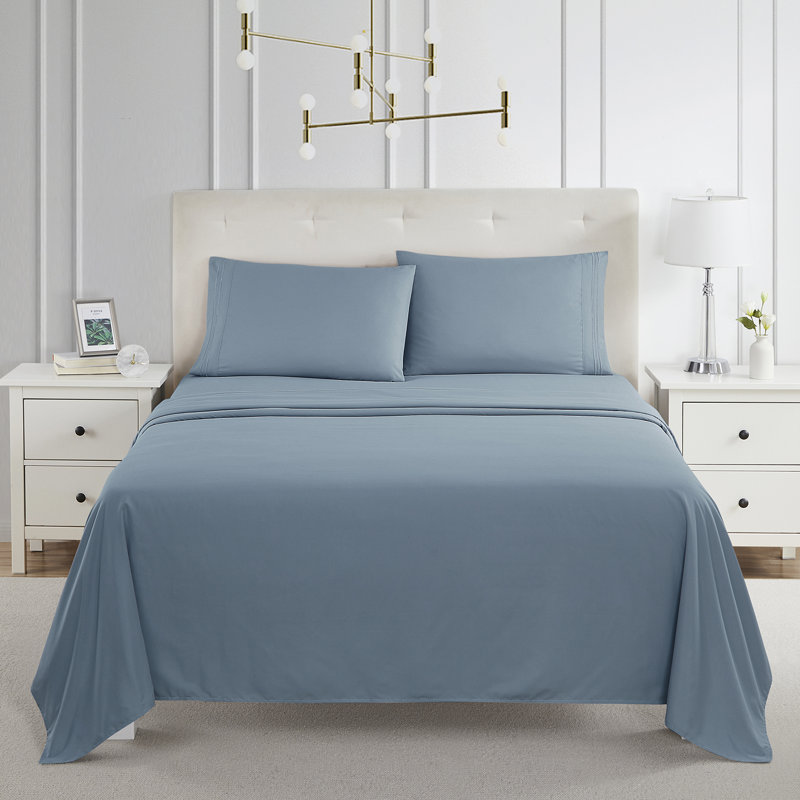  Ensemble de draps double brossé de luxe pour hôtel avec draps et taies d'oreiller très doux, Bleu pierre, Grand