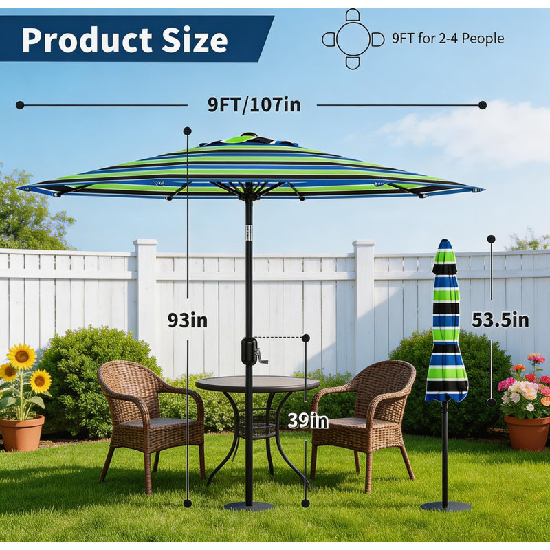 Parasol de patio de 9 pi avec manivelle et inclinaison à bouton-poussoir, Vert, bleu et noir, 107" W x 107" D