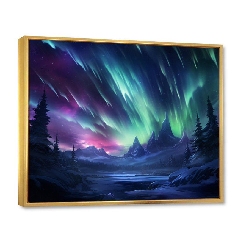 «Vibrant Northern Lights» sur toile, H 16 po x l 32 po, Cadre flottant doré