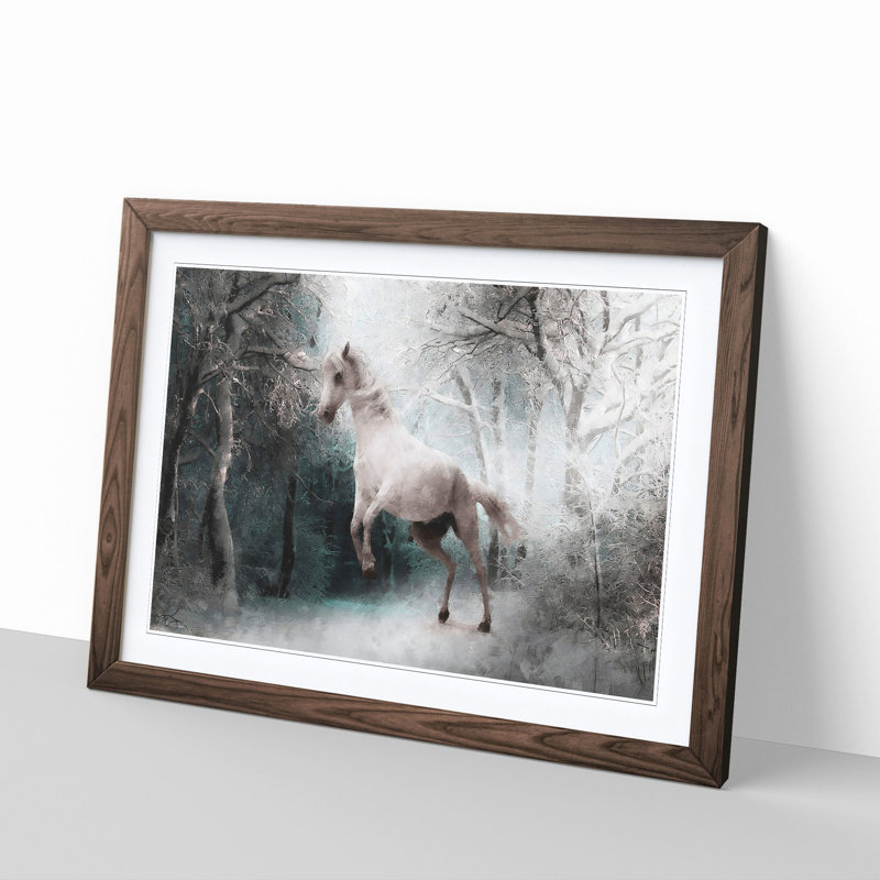 White Horse Rearing in a Winter Forest - Picture Frame Painting Print, Walnut Framed, 62cm H x 87cm W x 2cm D