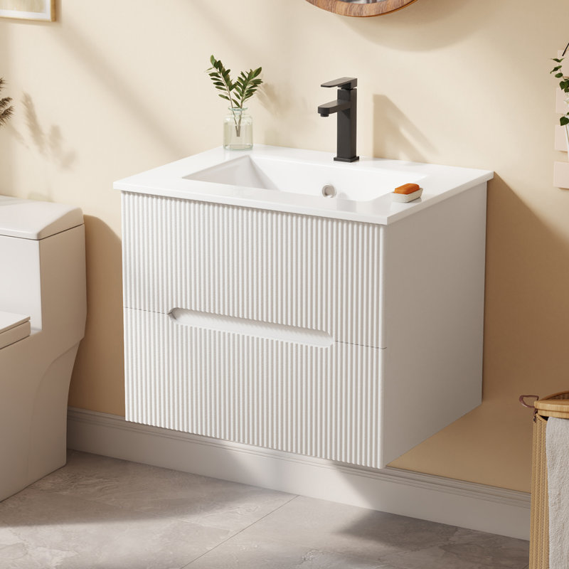  Meuble-lavabo simple mural 24 po avec lavabo et robinet en céramique, armoire flottante avec 2 tiroirs à fermeture en douceur