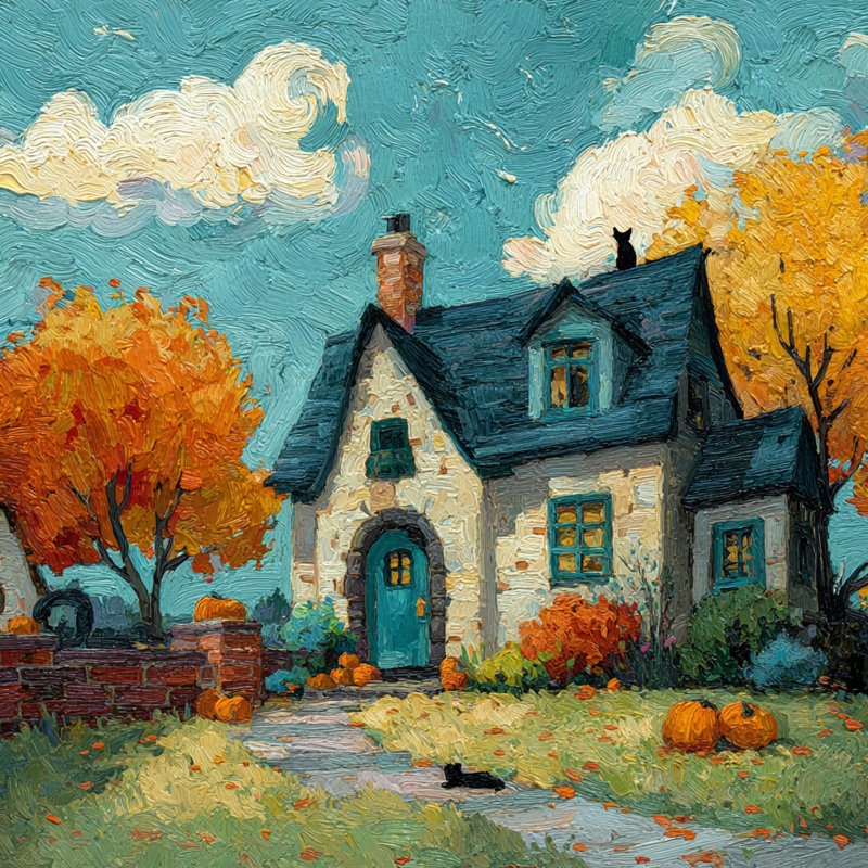 «Autumn Cottage with Pumpkins», art mural sur toile tendue