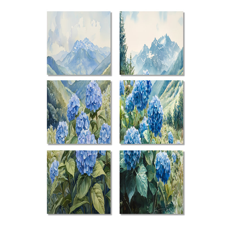 Hortensias dans la prairie de montagne - ensemble de 6 décorations murales florales, Toile tendue, Ne s’applique pas