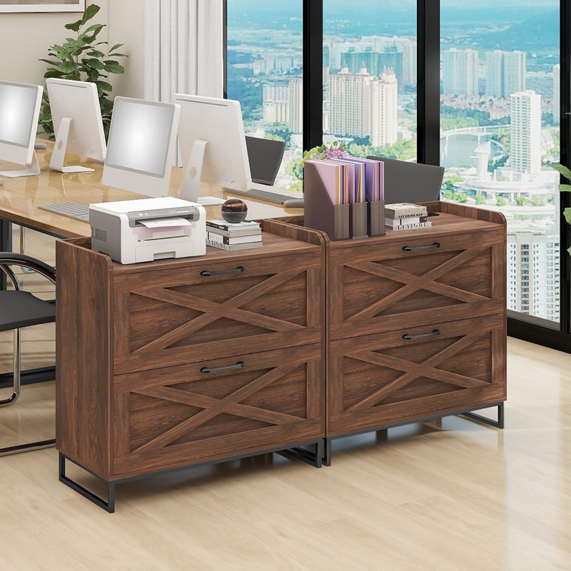 Lateral File Cabinet With Charging Station, Walnut