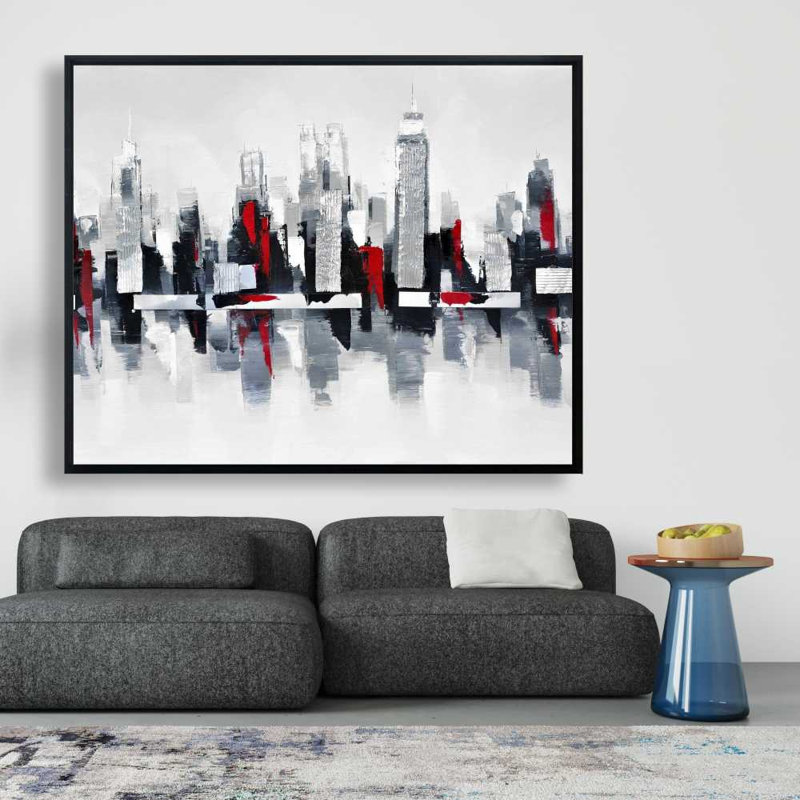 Gray and Red Cityscape - Red Living Room Framed Canvas Decor, 61.25" H x 49.25" W