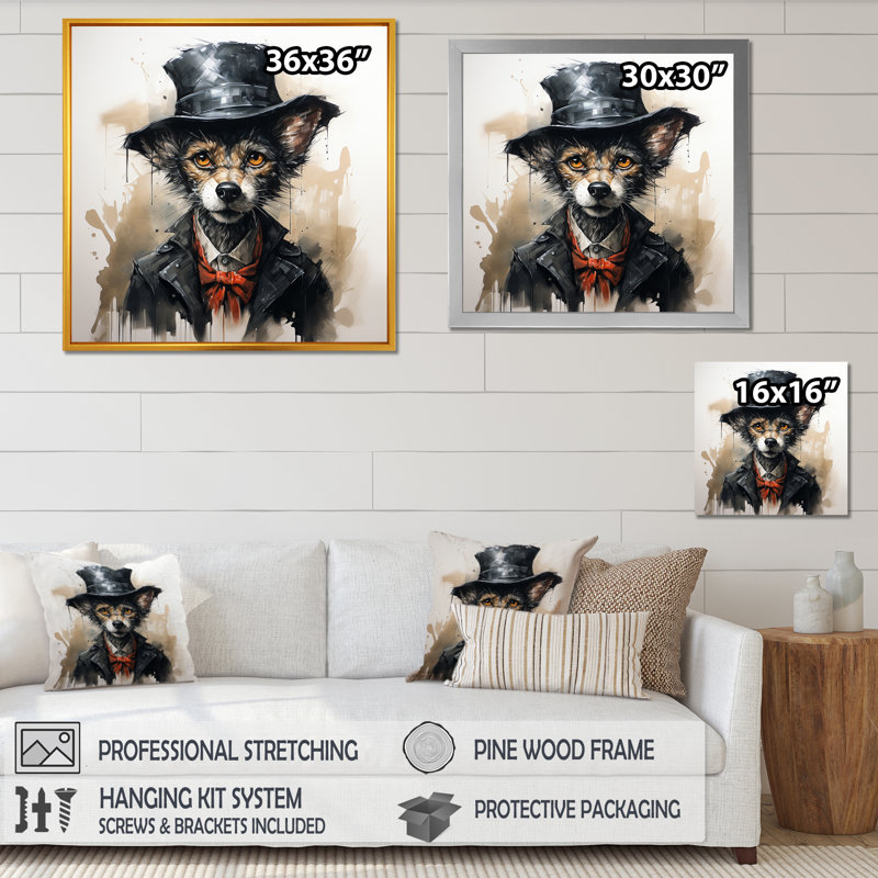 «Trenchcoat» noir loup mystère II - loup, art mural, Cadre flottant doré, H 30 po x l 30 po x P 1,5 po
