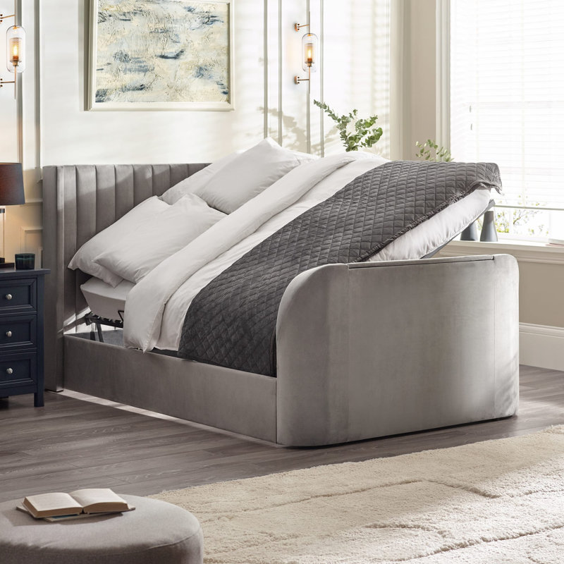 CLARA SIDE LIFT OTTOMAN TV BED 135CM, Light Grey, Super King (6')
