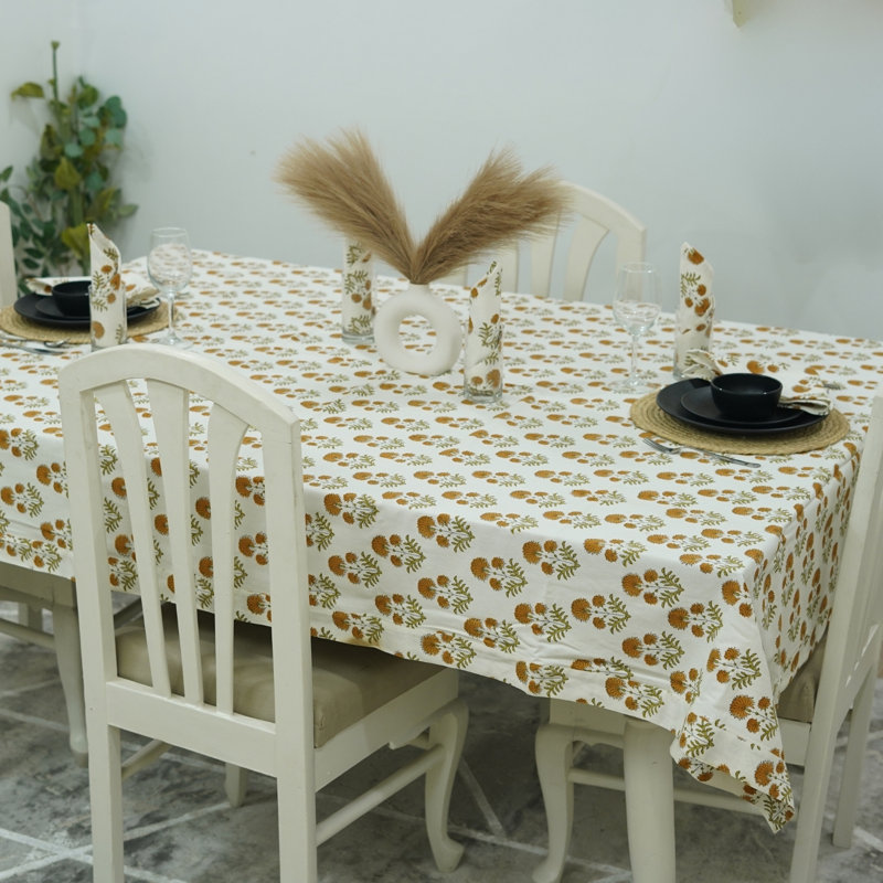 Red Barrel Studio® Bohemian Handmade Block Print Yellow Floral Dining Table Cloth- Rishi (14 Seater), 160" Rectangle