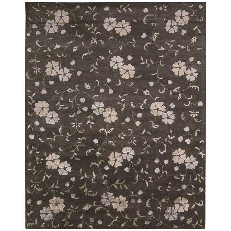 Oyler Floral Handmade Tufted Wool/Cotton Charcoal Indoor/Outdoor Area Rug, Rectangle 7'6" x 9'6"