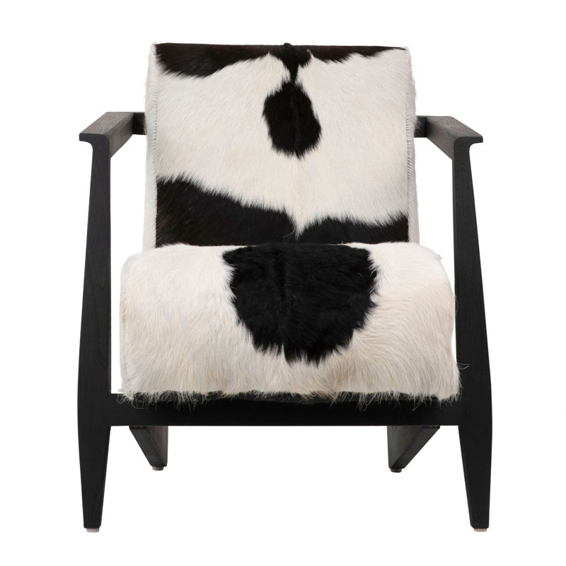 Doliver Teak Wood Upholstered Armchair, Black, Black/White Genuine Goat Hide