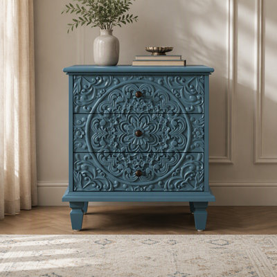 Carved Wood Nightstand with 3 Drawers and Vintage Scrollwork Accent Storage