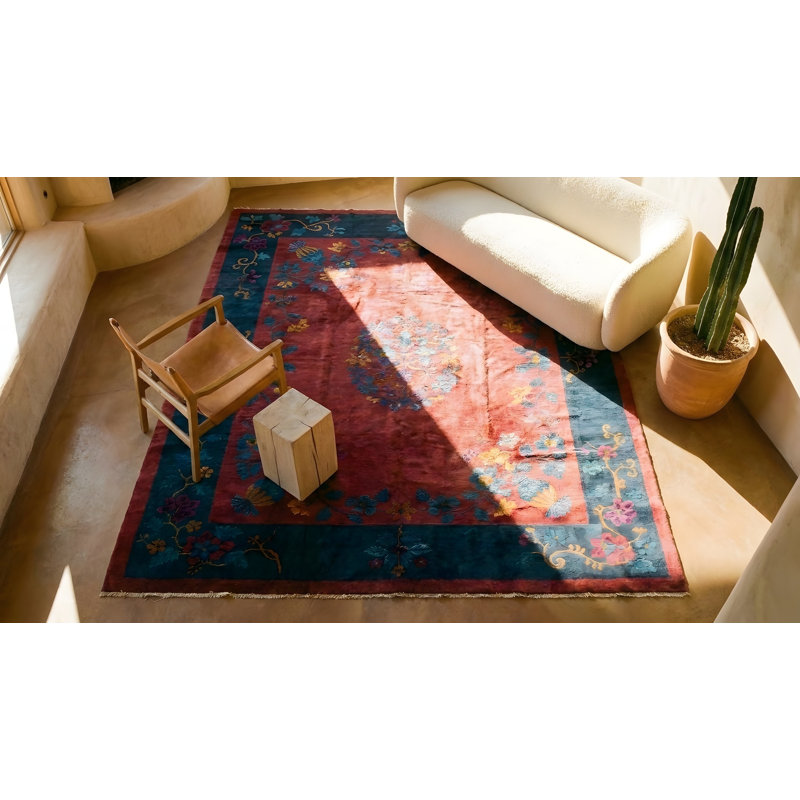 Antique Chinese Art Deco Allover Floral Coral 1920s Rug