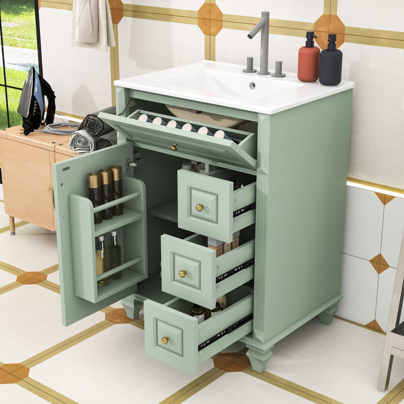 Meuble-lavabo autoportant élégant avec lavabo en céramique, tiroir rabattable, tablette réglable et support de rangement
