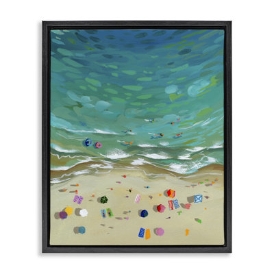 Vue aérienne de la plage avec cadre flottant de parasols, design par Brook Page