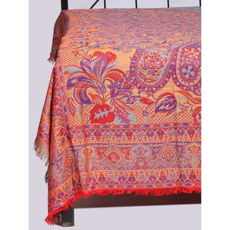 Exotic India Rayon Multicolor Bedspread Queen Size Reversible with Woven Paisleys and Flowers