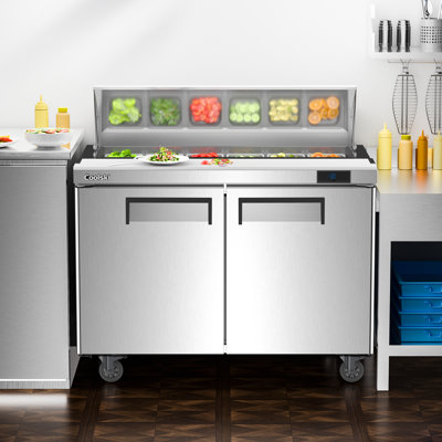 Coolski 48’’ W Commercial Salad Bar Refrigerator with 2 Doors, Refrigerated Salad Food Prep Table for Restaurants Cafeterias Sub Shops, 12 Food Pans Stainless Steel ETL NSF Approved