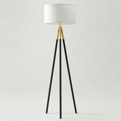 Levi 61" Mid-Century Modern LED Tripod Floor Lamp with Black Legs, Gold Finish, and Fabric Drum Shade, Bulb Included
