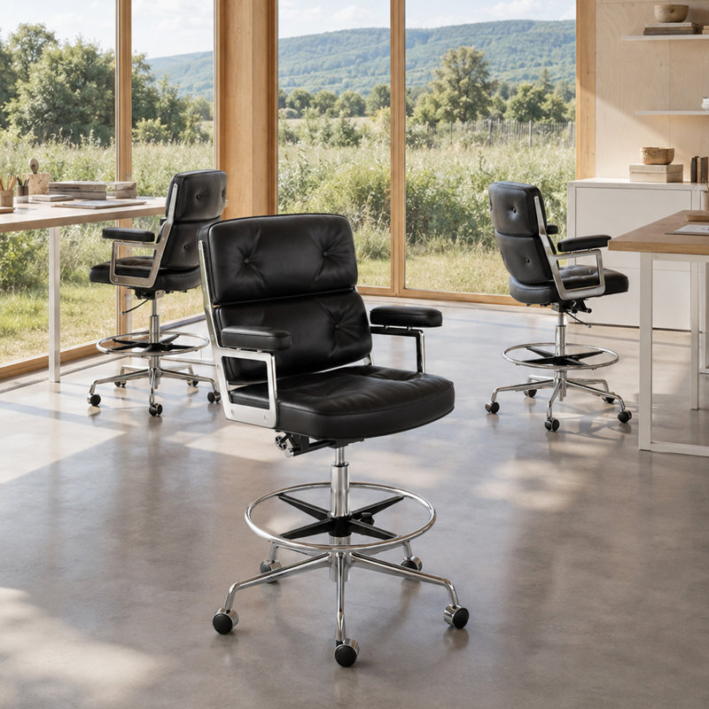 Chaise de dessinateur moderne en cuir véritable avec repose-pieds réglable en acier inoxydable, chaise de bureau haute réglable en hauteur pour bureau assis-debout