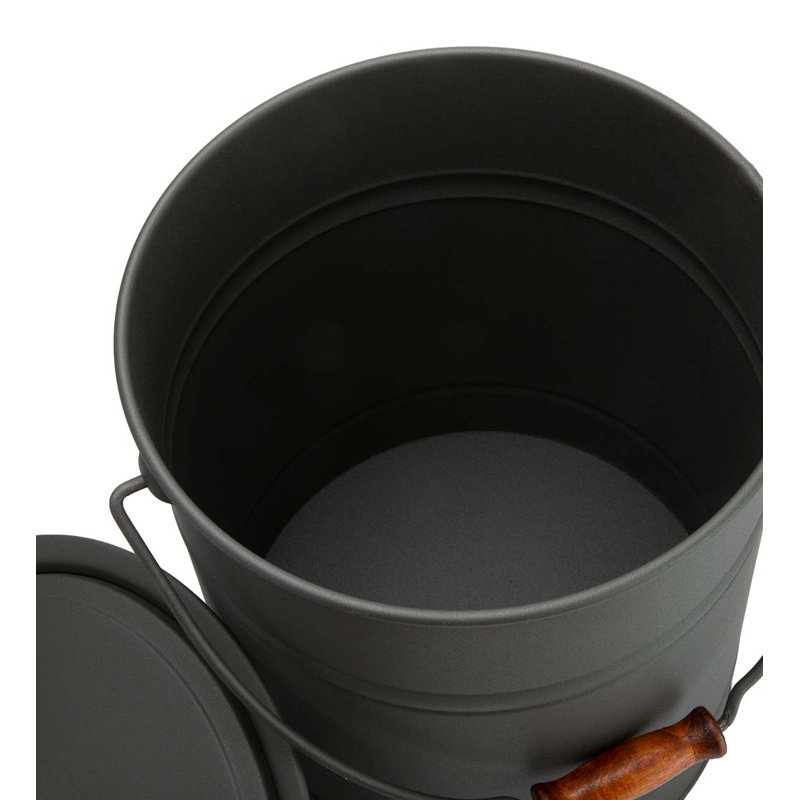 Galvanized Steel Ash Bucket with Handle, Lid and Double-Layer Bottom, Charcoal Black