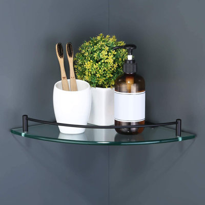  Bathroom Triangle Corner Floating Glass Corner Shelf with Stainless Steel Rail Extra Thick Shower Caddy Wall Mount