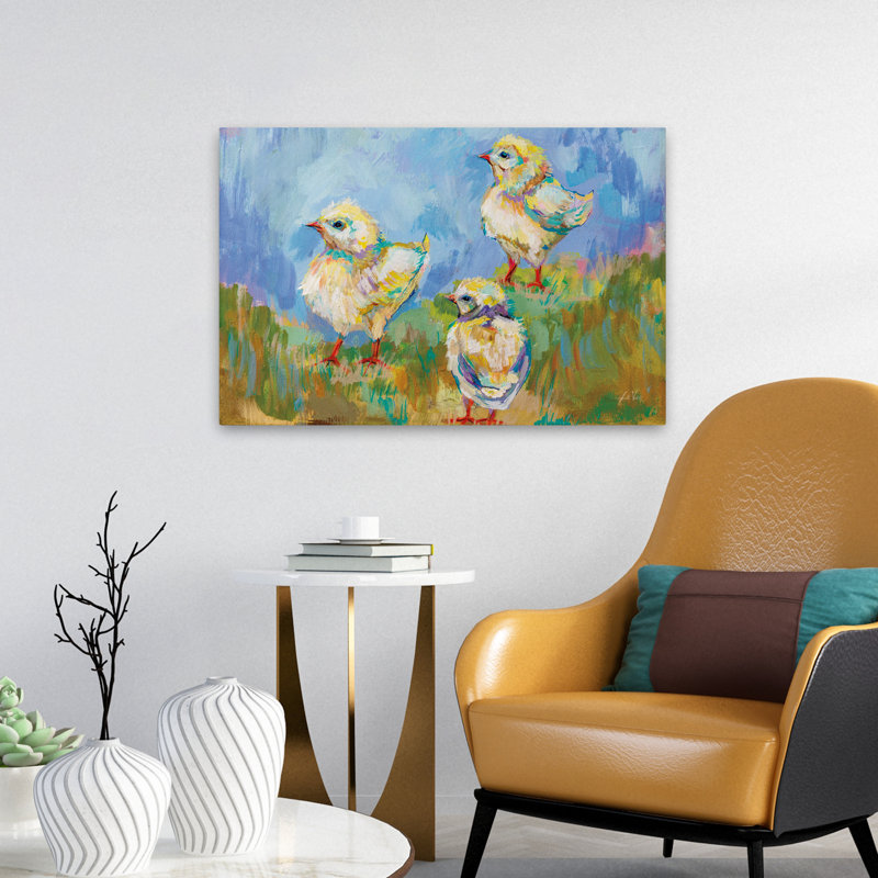 Animaux et aqua, poussins de Pâques, trio d'art, H 16 po x l 24 po