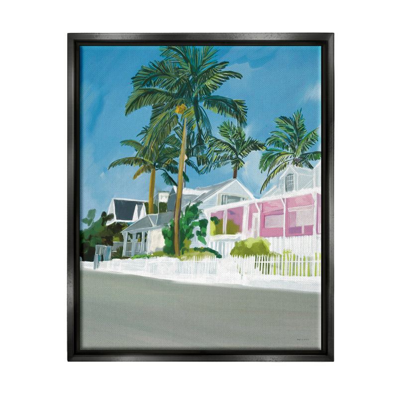 Palmiers tropicaux, maisons de vacances d'été par Amelia Noyes - Peinture, H 31 po x l 25 po x P 1,7 po
