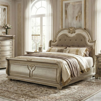 Luxueux lit traditionnel très grand lit or champagne avec lit-bateau en polyester capitonné pour chambre à coucher 1pc
