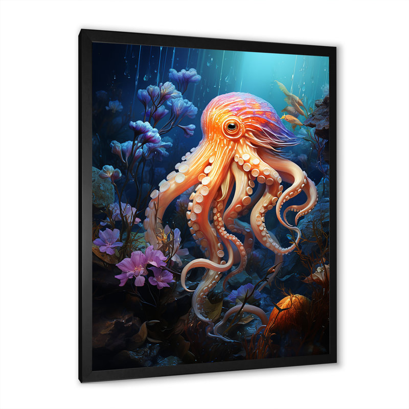 " Popart Octupus Impression ", 44" H x 34" W x 1.5" D, Black Single Picture Framed