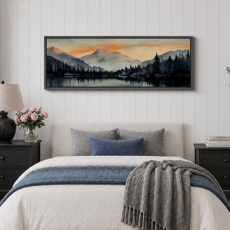 Woodland Forest Landscape Sunset Mountain Range and Lake, reproduction d'art sur toile, H 20 po x l 60 po