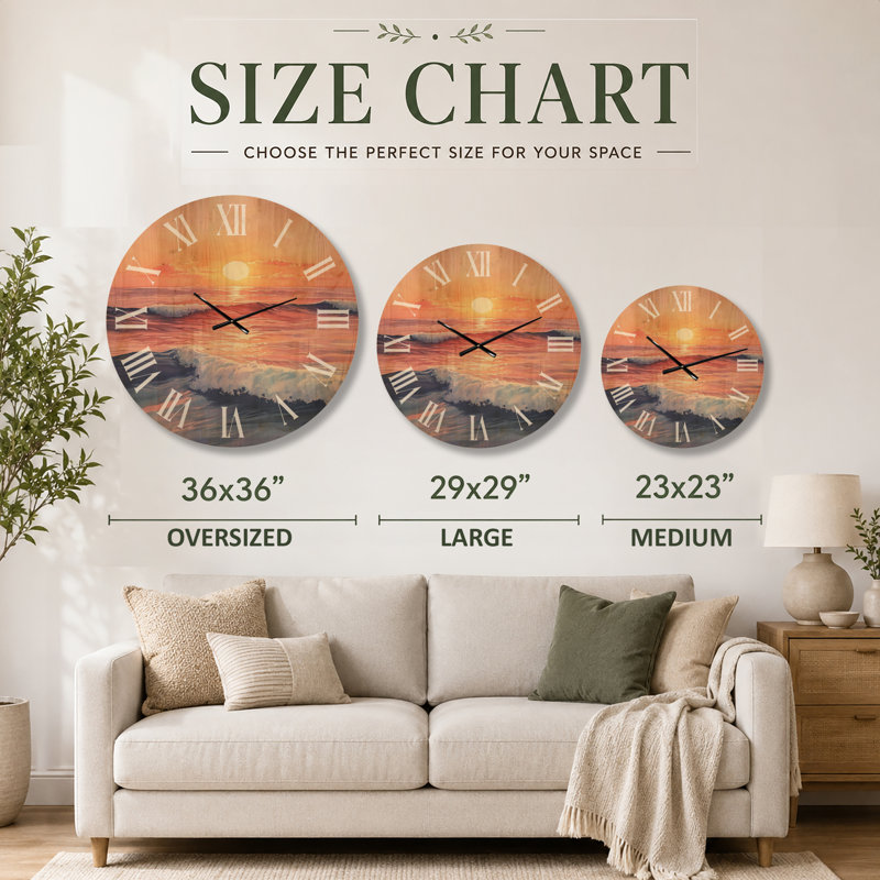 Horloge murale en bois Beach - Horizon océan avec coucher de soleil doré, Oversized