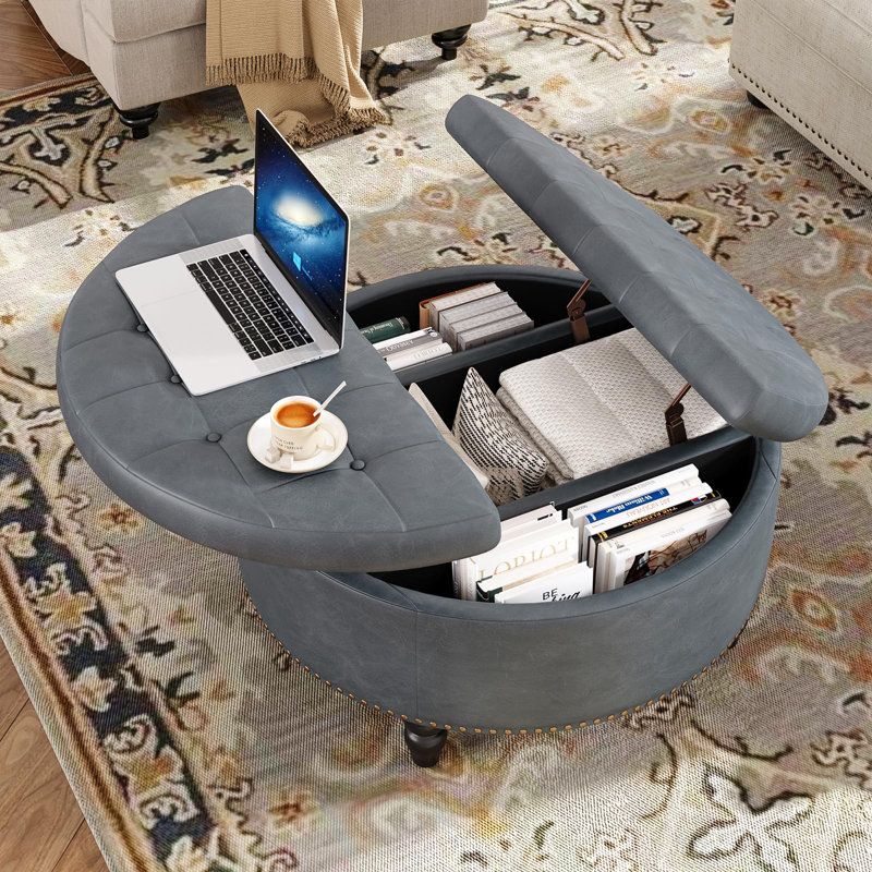 Repose-pieds rond avec rangement et plateau relevable, Gris