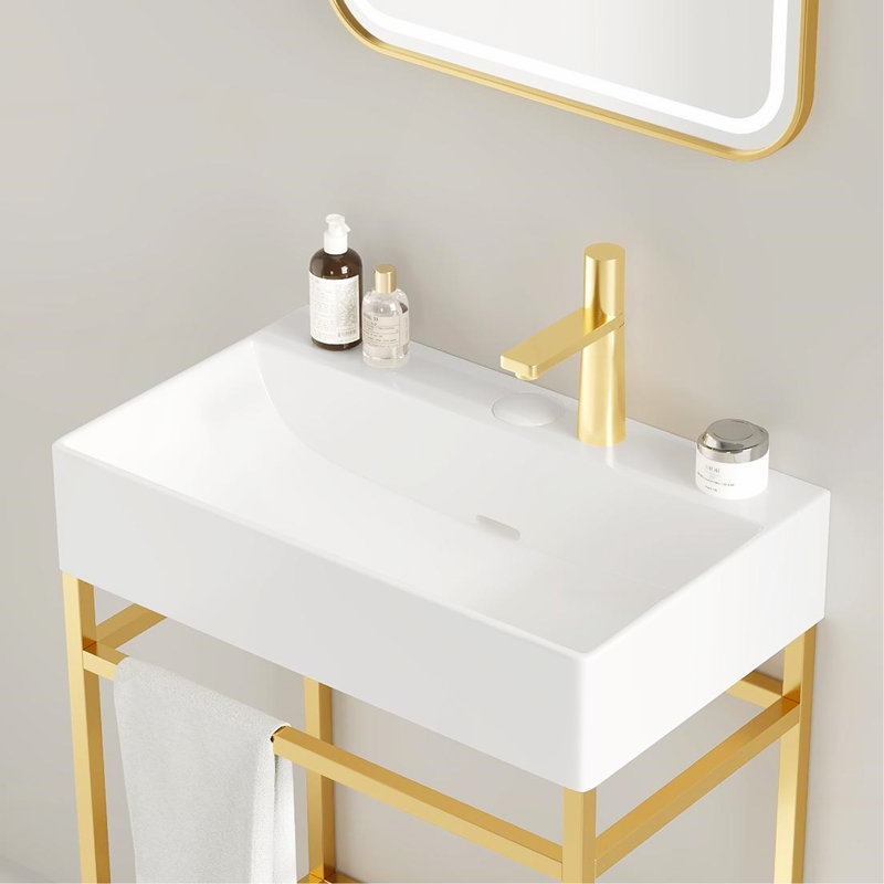 Ensemble de meuble-lavabo sur pied avec lavabo en céramique 24 po avec lavabo console LOFI, lavabo rectangulaire en céramique blanc brillant sans robinet, pattes en métal ouvertes, tablettes de rangement, couleur or