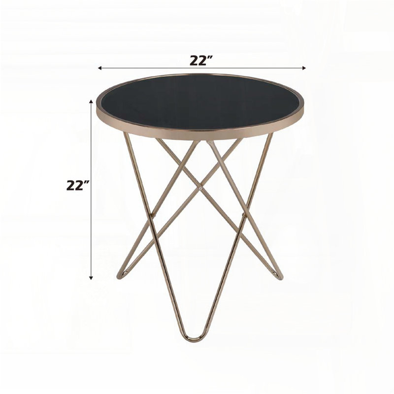 Table de bout moderne de style Mid-Century - Structure au fini champagne, plateau rond en verre noir