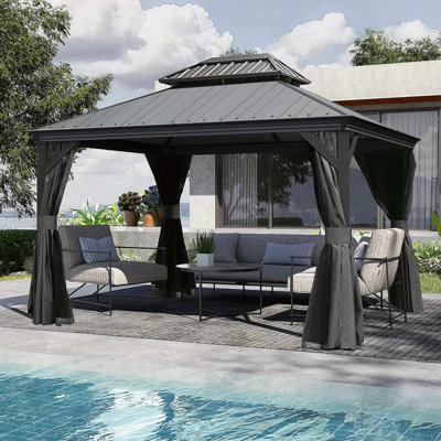 Pavillon de jardin à toit rigide de 10 pi x 12 pi avec toit en résine, pavillon de jardin extérieur en métal avec gouttières de drainage, pavillon permanent pour patio, cour et terrasse, rideaux et moustiquaire inclus
