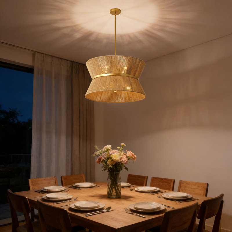8-Light E12 White Rattan-Metal Chandelier, Dimmable, Adjustable Height, ETL Listed