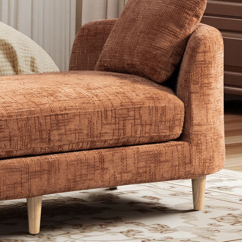 Banc méridienne rembourré en chenille avec 2 traversins et pieds en bois massif, Orange