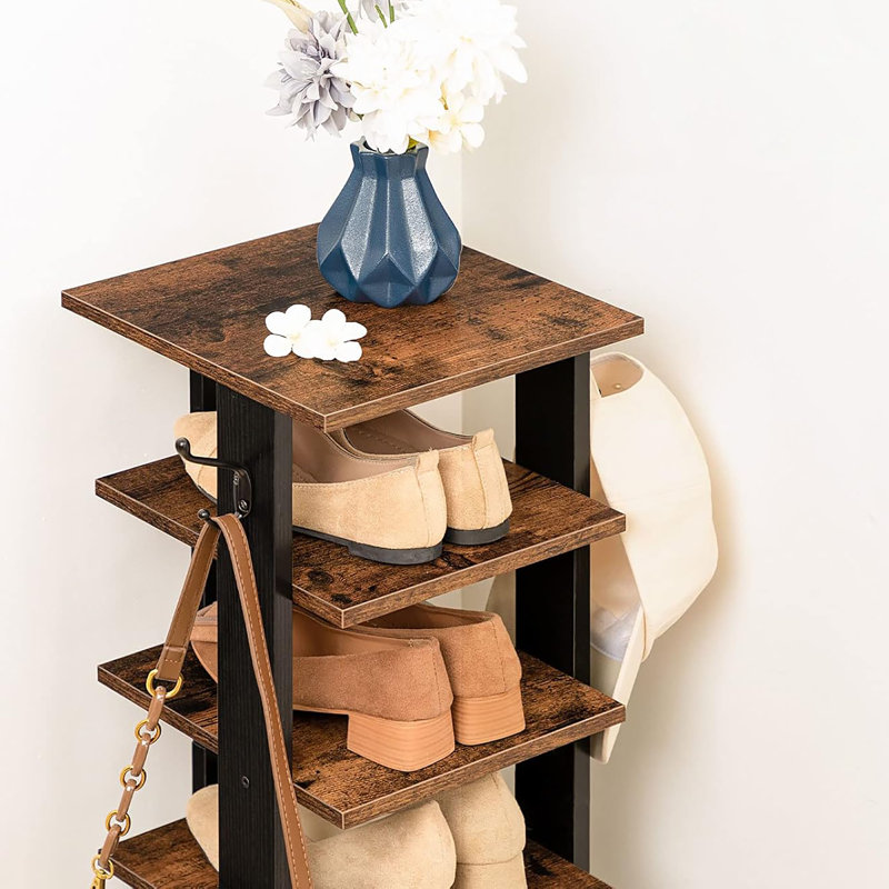 Étagère à chaussures en bois avec crochets Narrow 8 - Tiers, Brun rustique, H 44,5 po x l 11 po x P 11 po