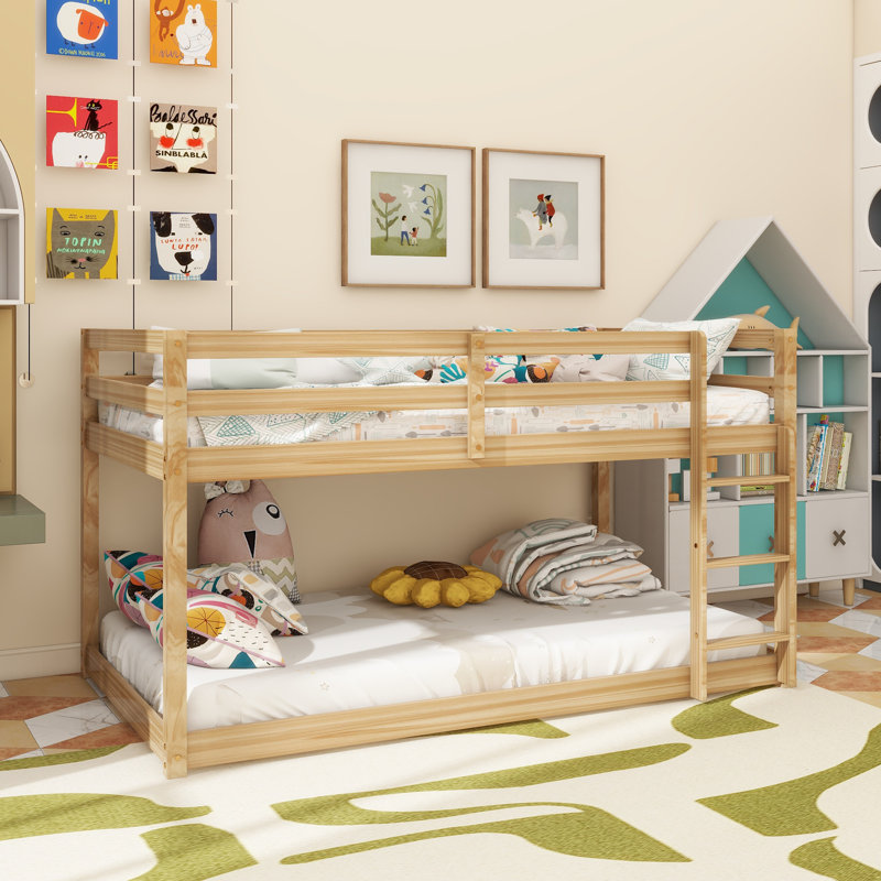 Solid Wooden , Solid Rubber Wooden Twin Over Twin Floor Bunk Bed With Ladder ,Upper And Bottom Bed Platforms Crafted With Strengthened Slats ,Natural