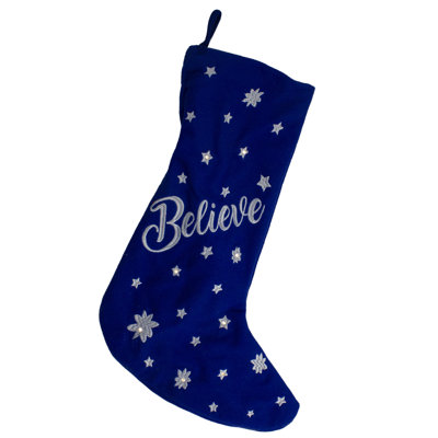 18" Led Blue Stocking "Believe" With White Snowflakes