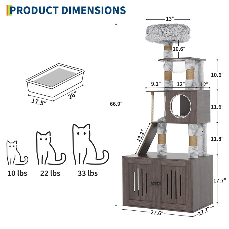 Spacious Multi-Level Cat Tree Tower with Enclosed Litter Box – Large Condo, Hammock, Washable Cushions, Scratching Posts, Cat Cave, Food Station, Storage – Indoor Cat Furniture, Gray ND