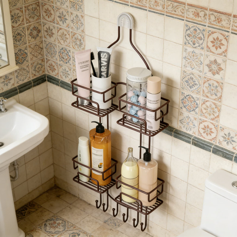 Over The Shower Head Caddy Organizer With Hooks, Rustproof Stainless Steel Bathroom Storage Rack With Split Design And Suction Cups For Stability
