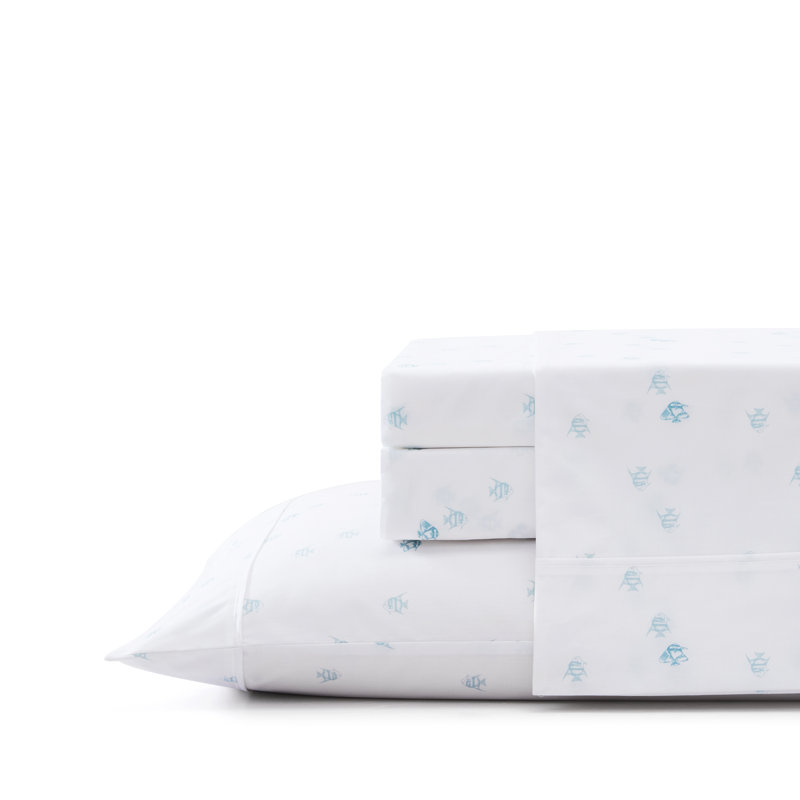 Ensemble de draps en coton percale Tommy Bahama, Ensemble de draps pour grand lit avec 2 taies d'or, Poisson ange rose