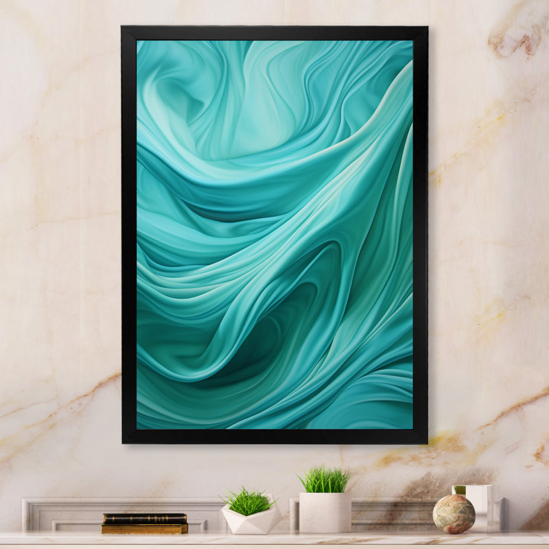 Turquoise, gauchissement des vagues I - art mural abstrait sur toile, Encadrement doré, H 32 po x l 16 po