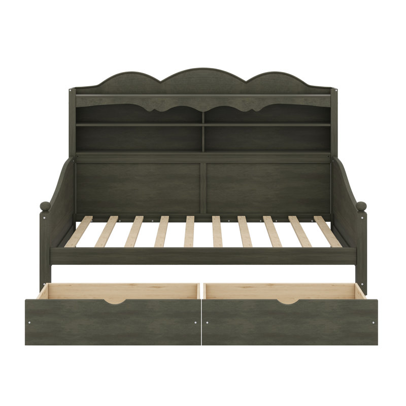 Retro Daybed Featuring Storage Drawers and Built-In Shelving – Multi-Purpose Furniture for Guest Room or Study, Antique Grey